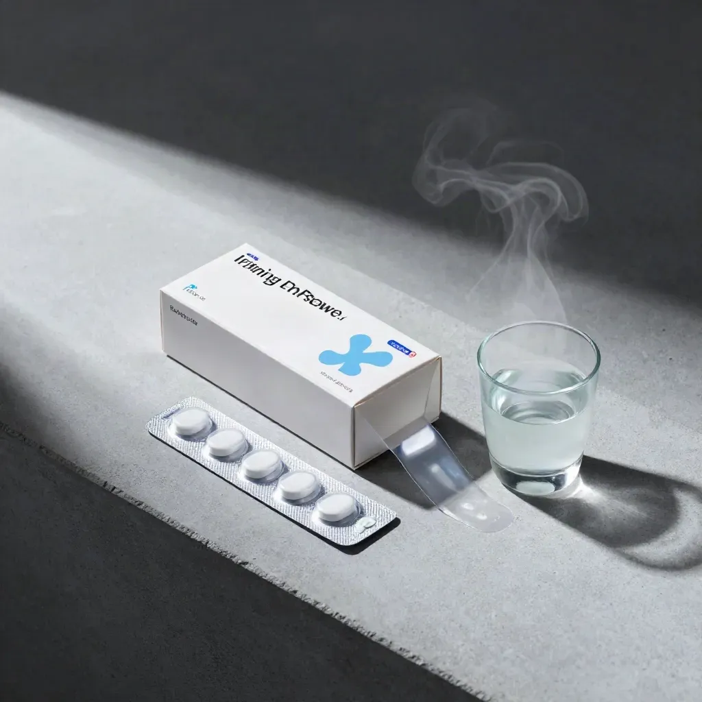 Confezione farmaceutica con blister e bicchiere opalino su cemento, con lieve vapore.