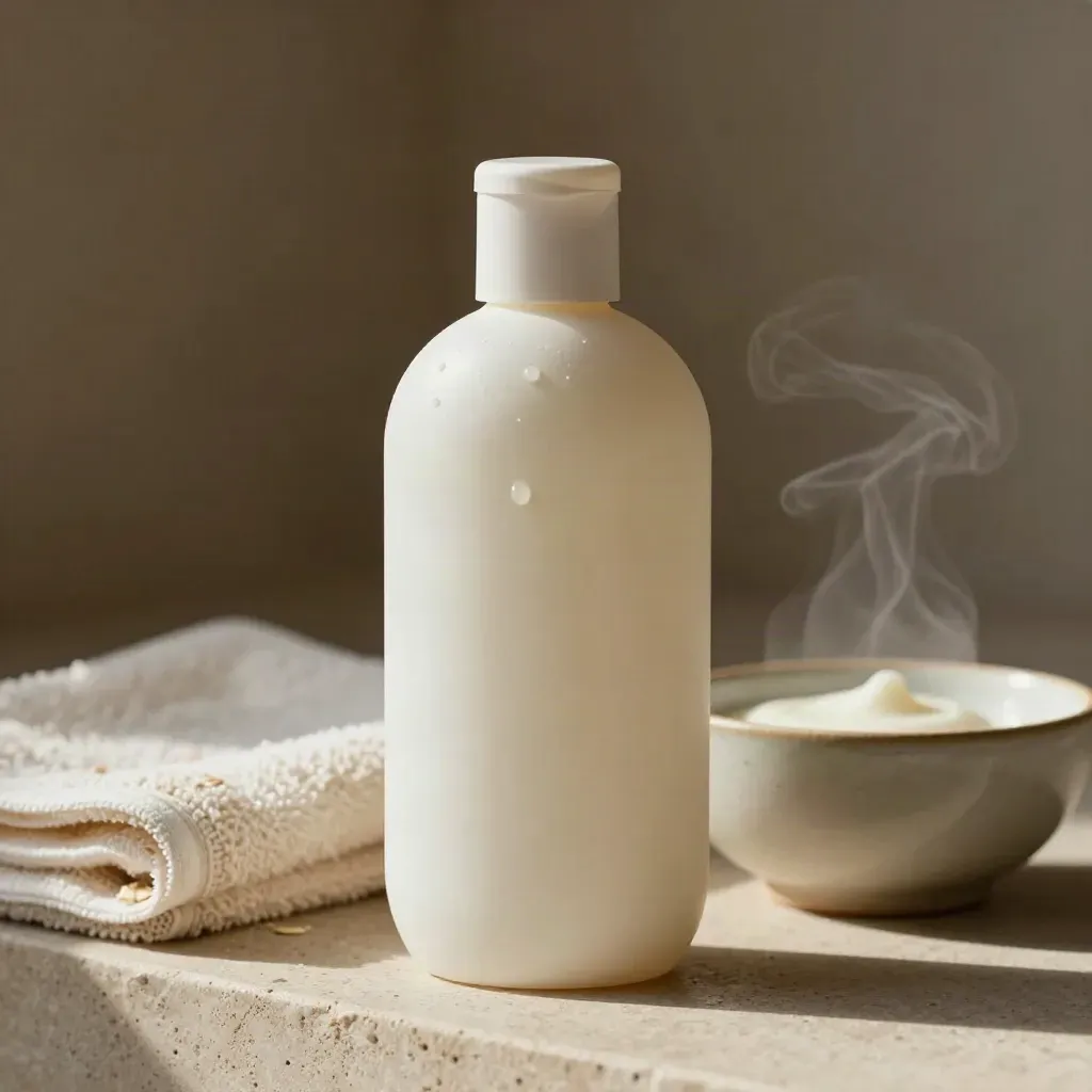 Flacone di latte corpo bianco con asciugamano in cotone e ciotolina in ceramica, atmosfera bagno.